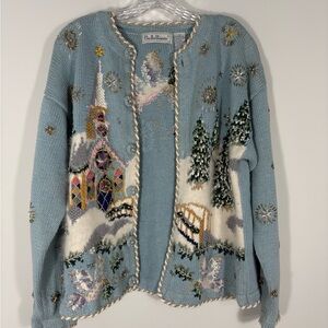 Vintage BellePointe Blue Winter Scape Embroidered Beaded Women's Cardigan Medium